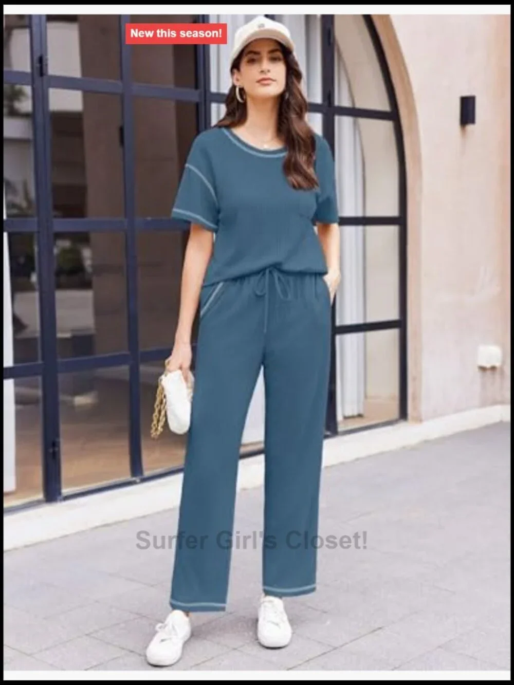 Ekouaer 2 Piece Waffle Knit Lounge Set Short Sleeve Top and Long Pants Pajama